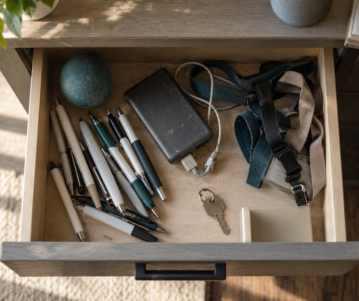 An office desk drawer of unused promotional items — pens, a stress ball and a dead power bank — left over from past corporate gifting campaigns.
