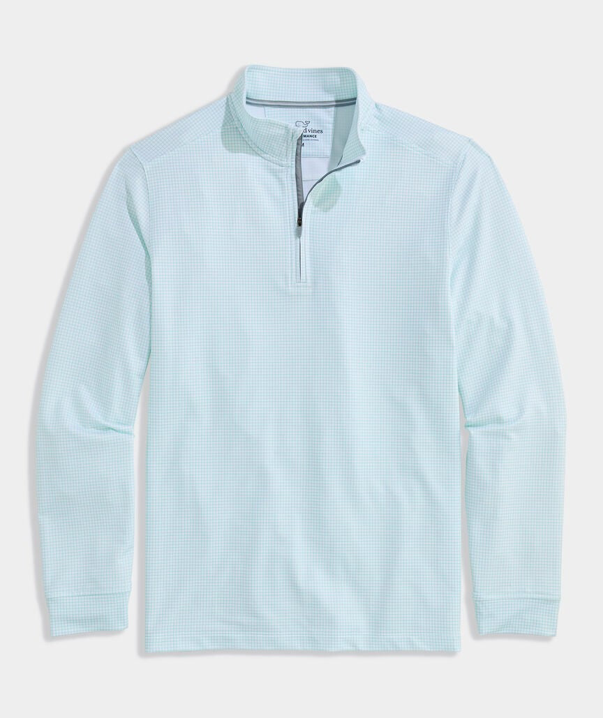 Vineyard Vines light blue and white checkered performance quarter-zip pullover with UPF 50+ sun protection and moisture-wicking fabric