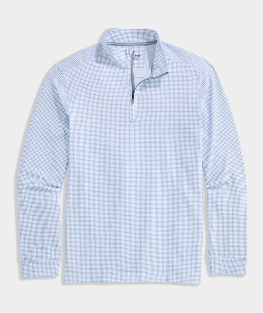 Vineyard Vines light blue performance quarter-zip pullover with a subtle checkered pattern and grey zipper.