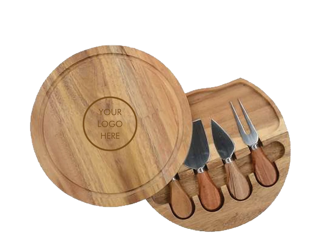 BirdieBox Old Tymes bamboo cheeseboard with four stainless steel cheese tools and wooden handles, featuring a split-level design.