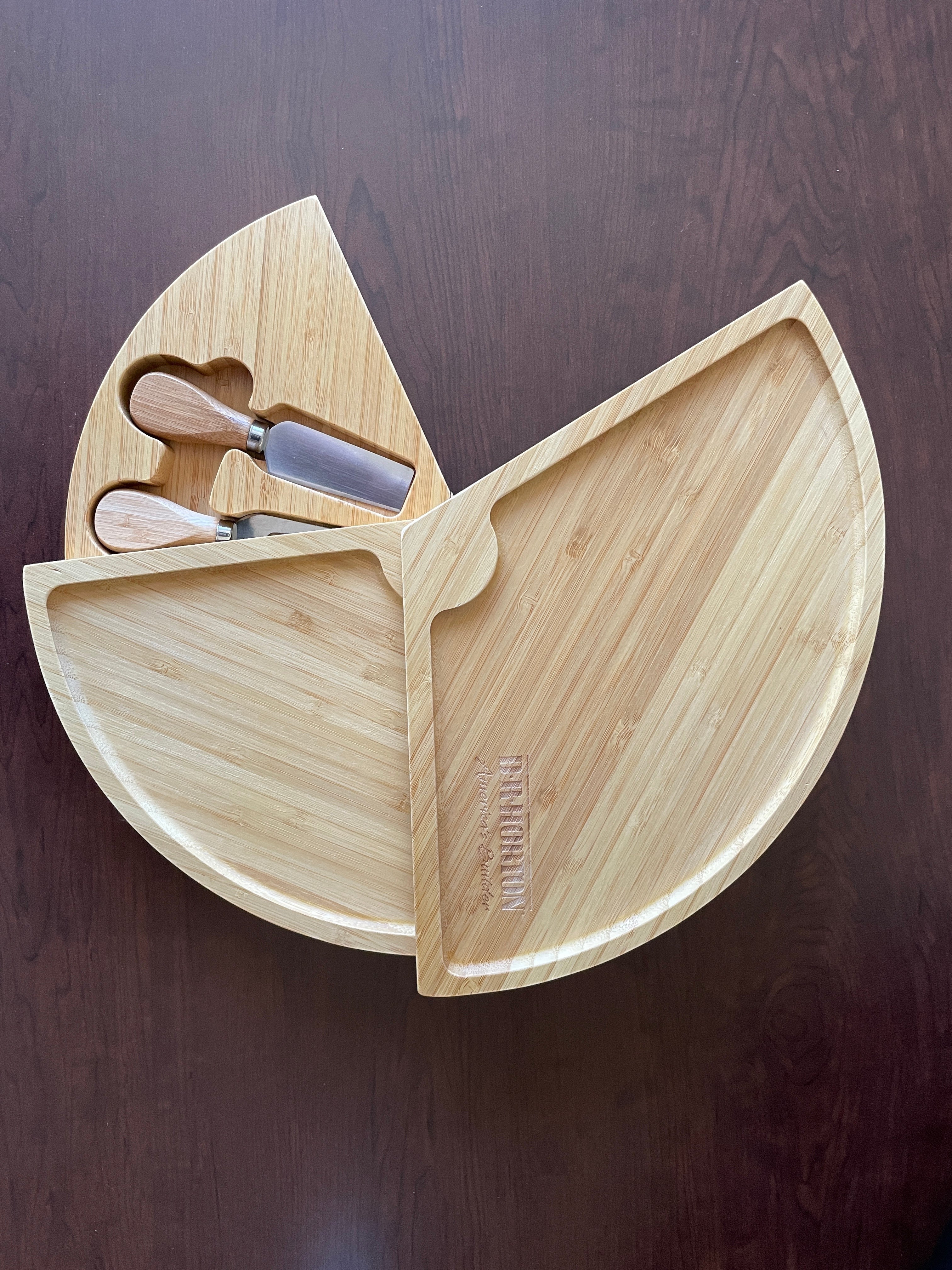 BirdieBox Old Tymes 3-tier bamboo cheeseboard with swivel feature and 3 cheese knives.