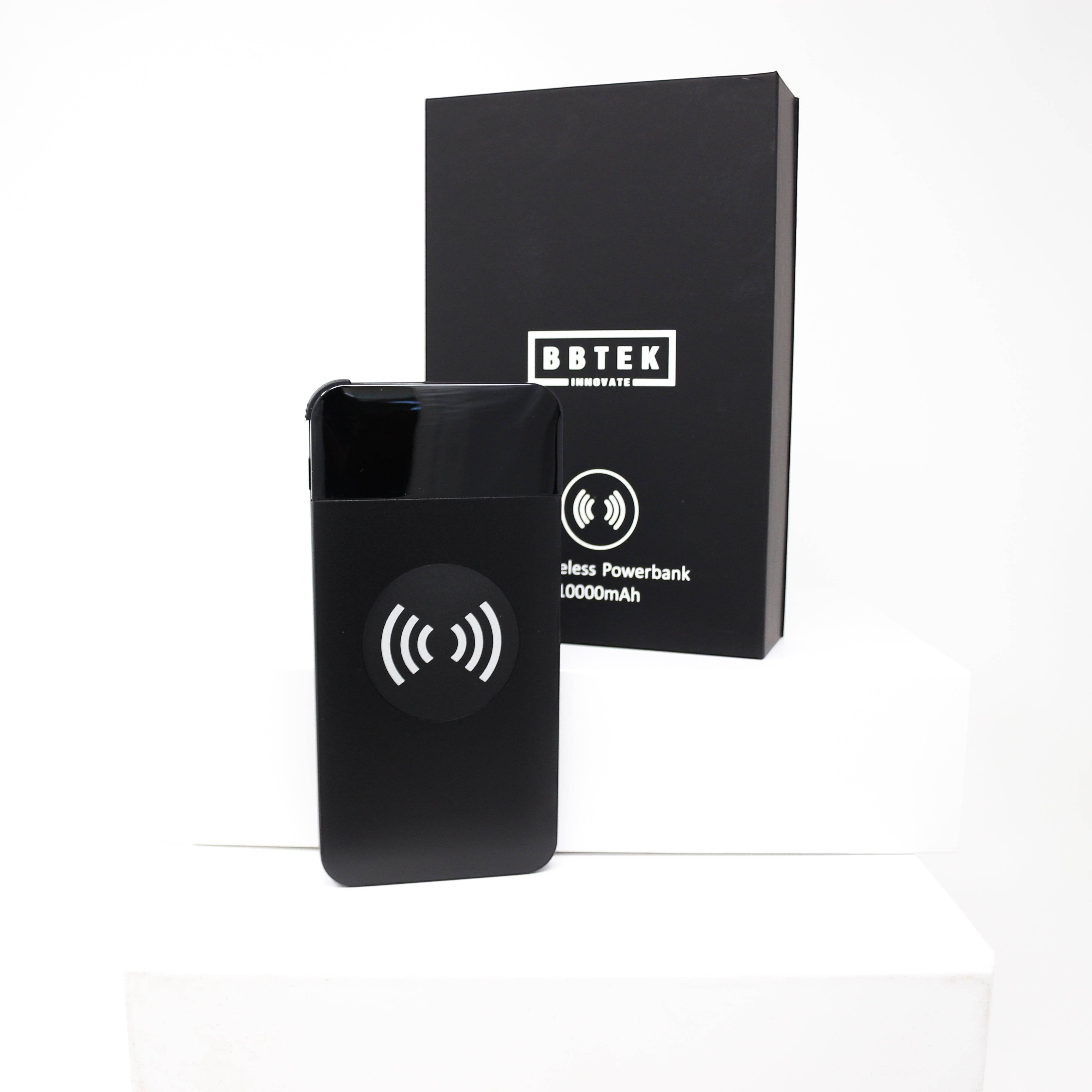 BirdieBox BBTEK black 10,000 mAh Qi wireless powerbank with LED display and included USB cords.