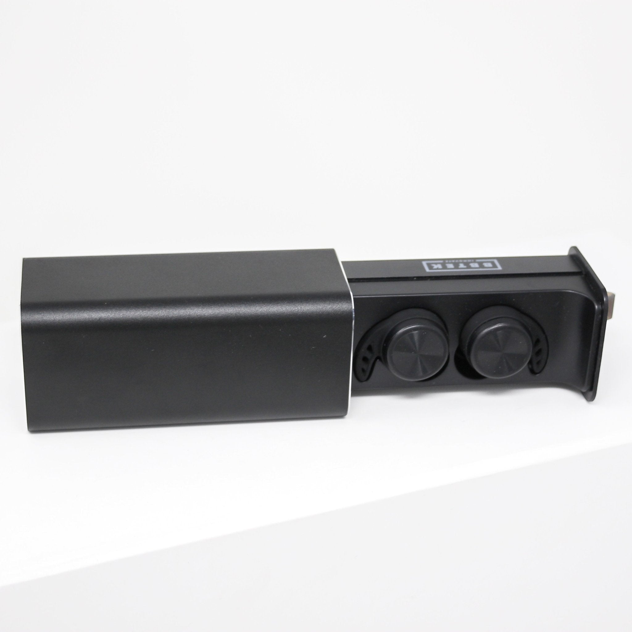 BirdieBox BBTEK black truly wireless earbuds with charging case, water and sweat resistant.