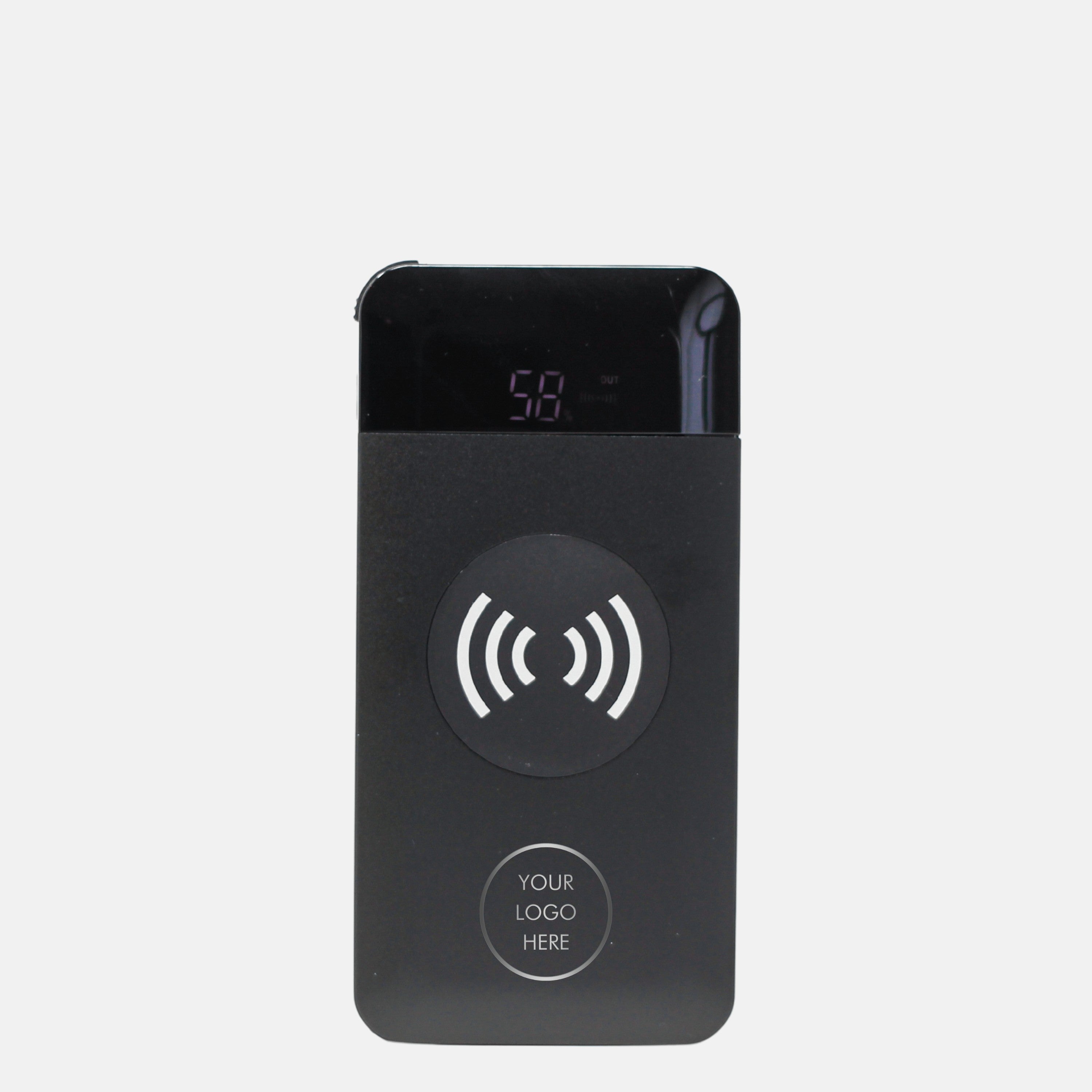 BirdieBox black 10,000 mAh Qi wireless powerbank with LED display and charging symbol.