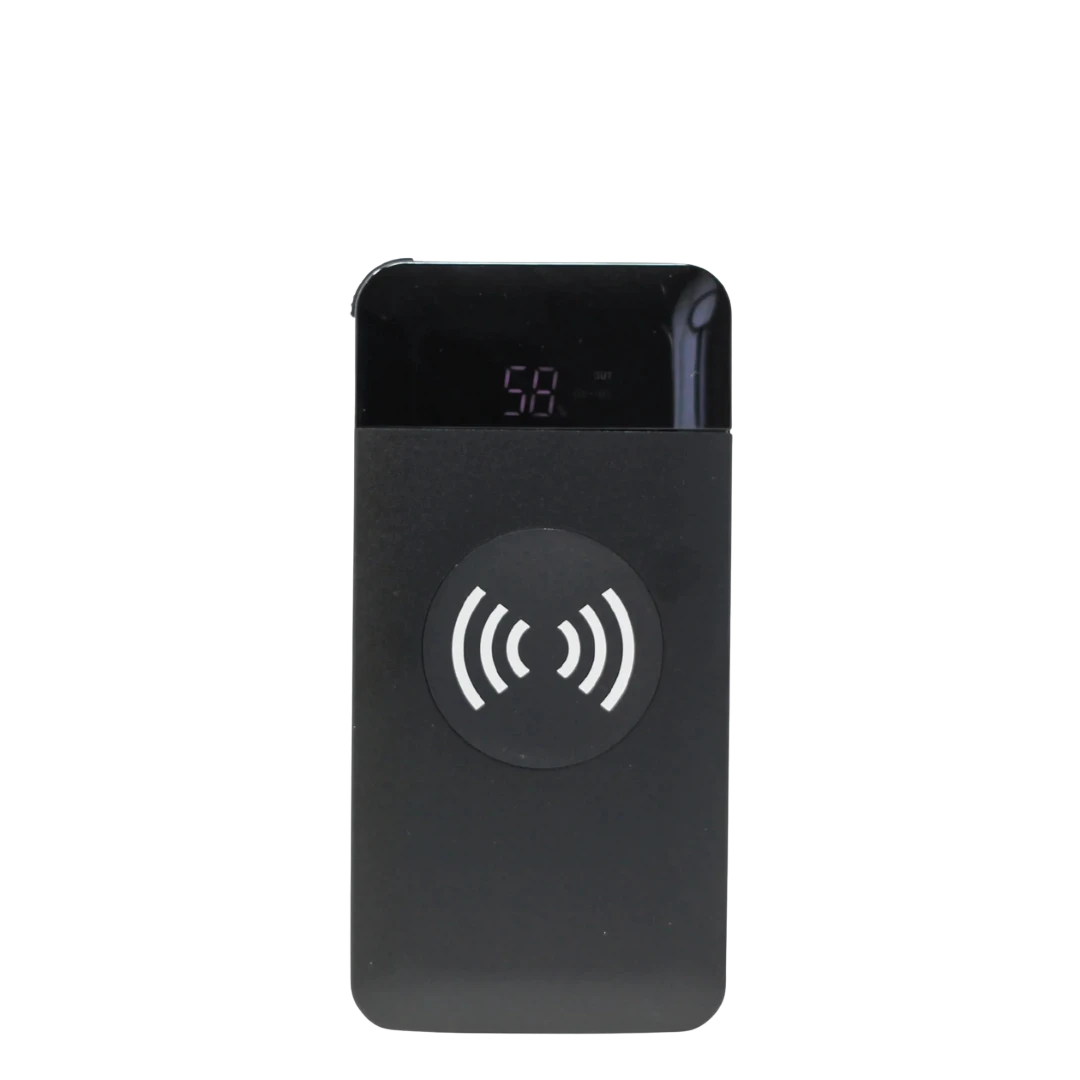 BirdieBox black 10,000 mAh Qi wireless powerbank with LED display and charging symbol.