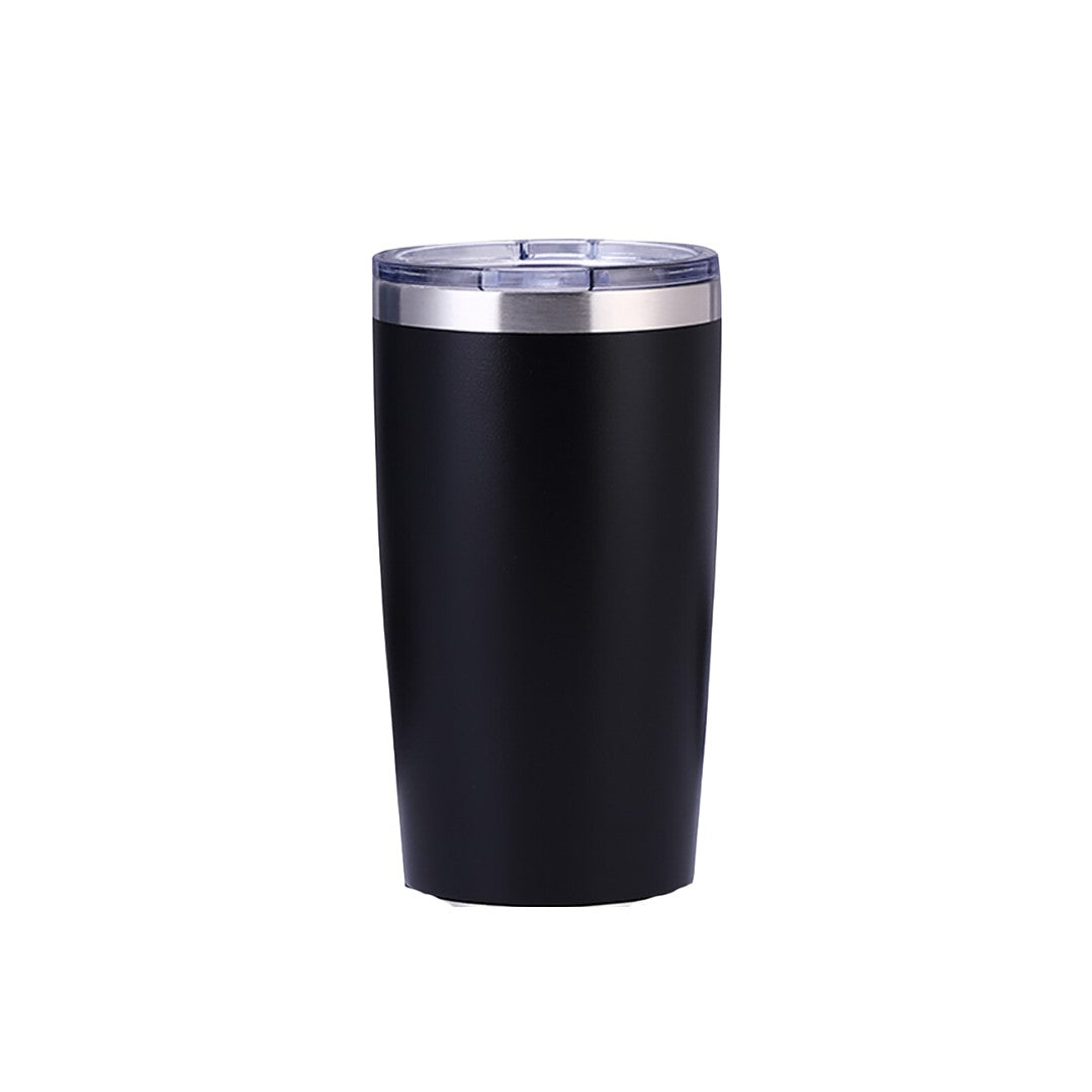 BirdieBox Old Tymes 20oz black stainless steel insulated tumbler with splash-proof lid.
