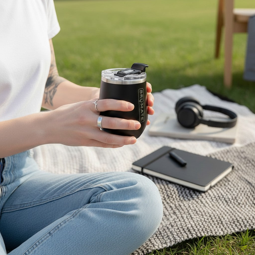 BirdieBox black stainless steel insulated tumbler with lid, held by a person outdoors.