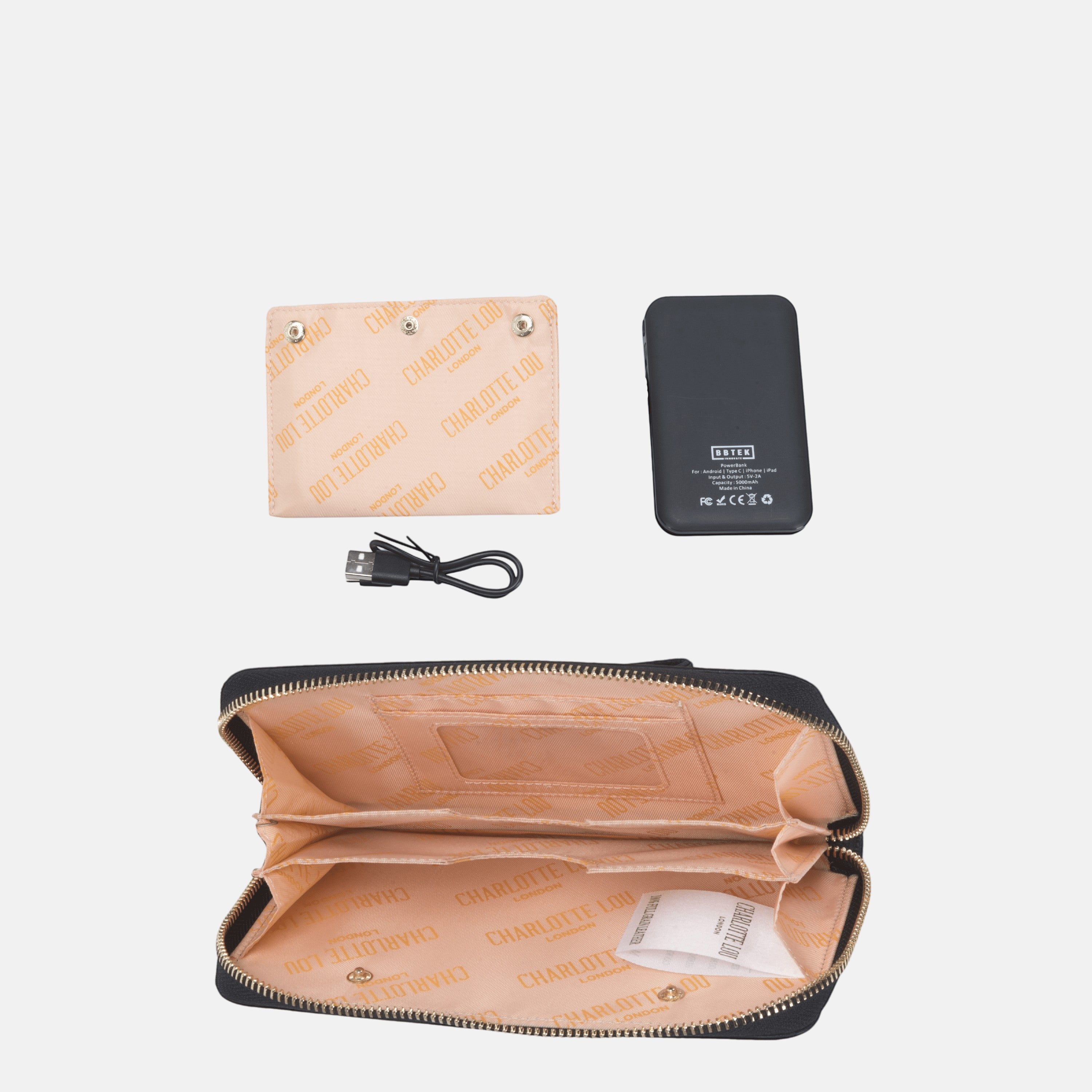 BirdieBox Charlotte Lou black textured leather powerbank clutch with gold zip, interior card slots, and removable BBTEK powerbank.