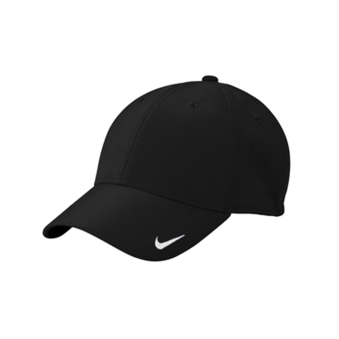 BirdieBox Nike Dri-FIT Legacy Cap, black polyester-spandex blend with a white embroidered Swoosh logo on the bill.