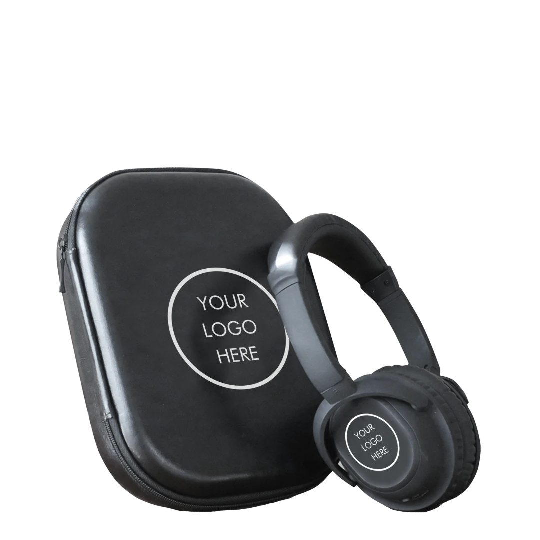 BirdieBox Helio noise-canceling headphones in black with plush ear pads and a protective carrying case. Features Bluetooth connectivity.