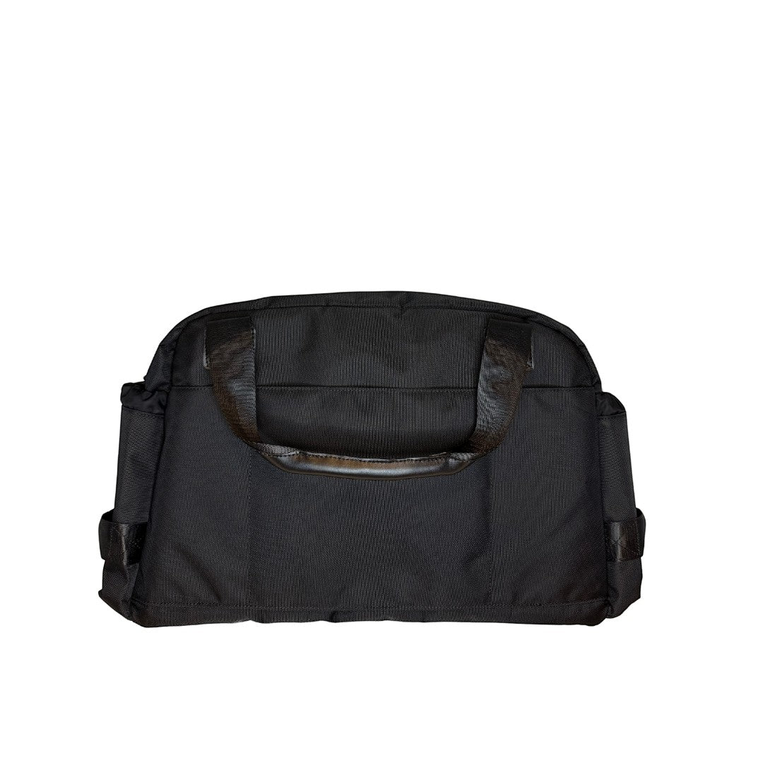 BirdieBox black nylon duffle bag with leather handles and exterior pockets, perfect for travel or gym.