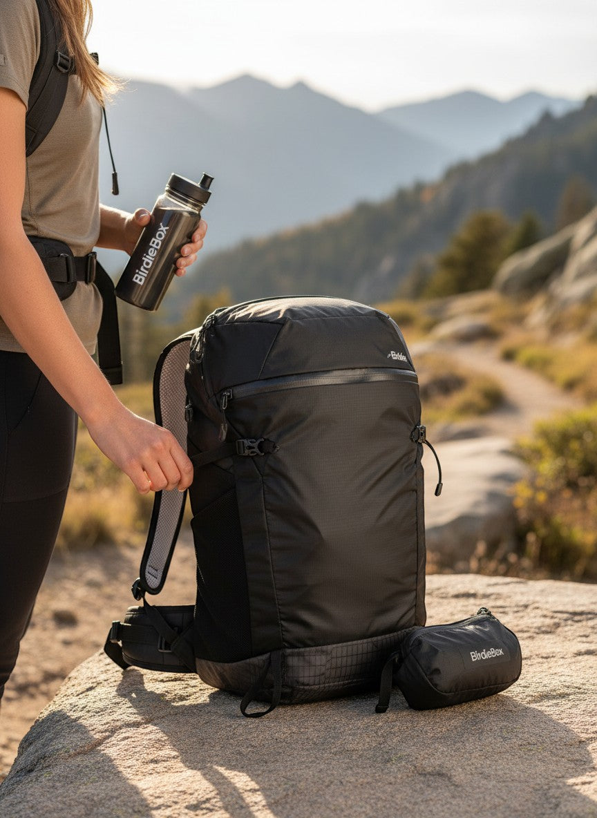 BirdieBox black lightweight packable nylon backpack with water bottle, shown on a hiker in a mountain setting.