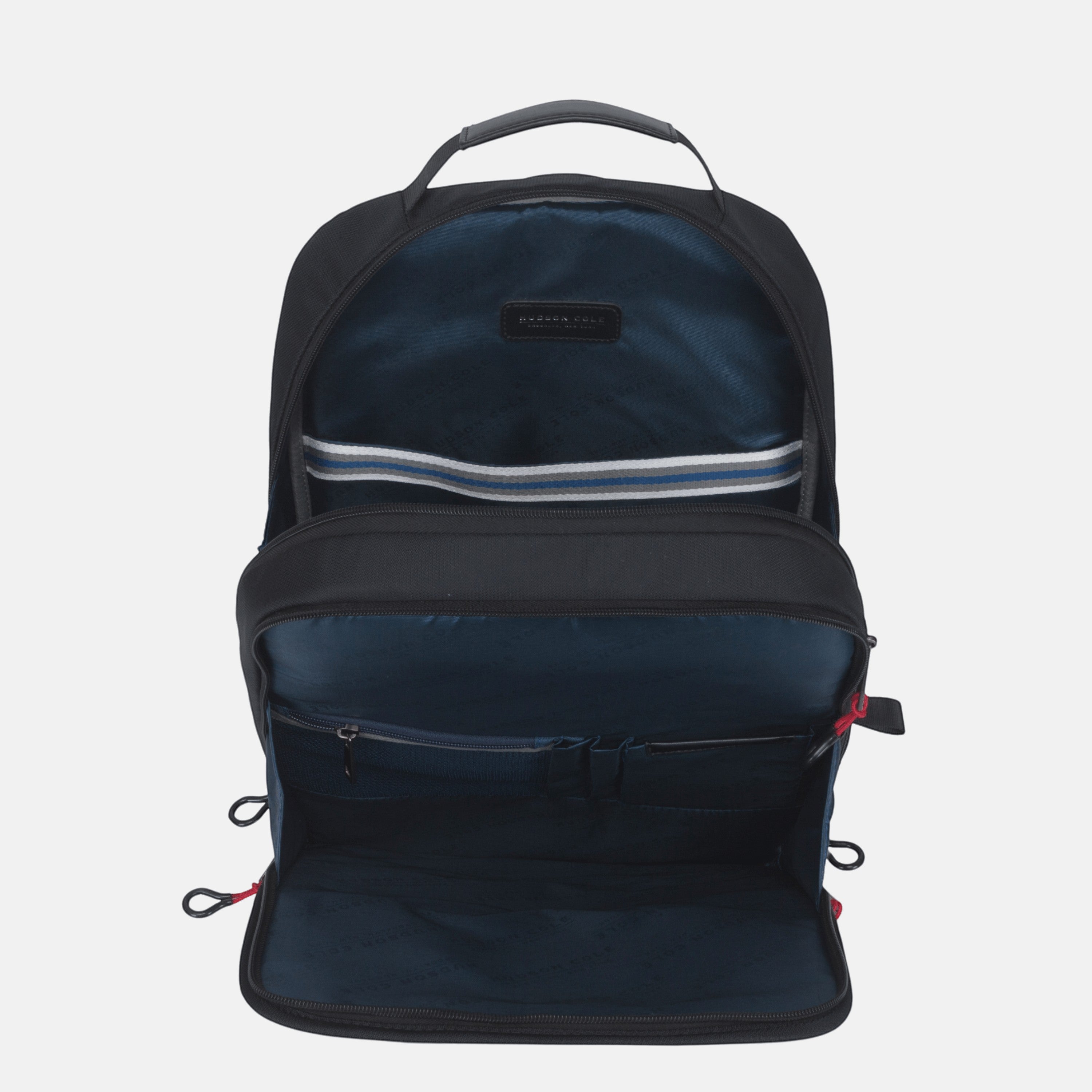 BirdieBox Hudson Cole Prospect Backpack in black with navy interior, multiple compartments, and red zipper pulls.