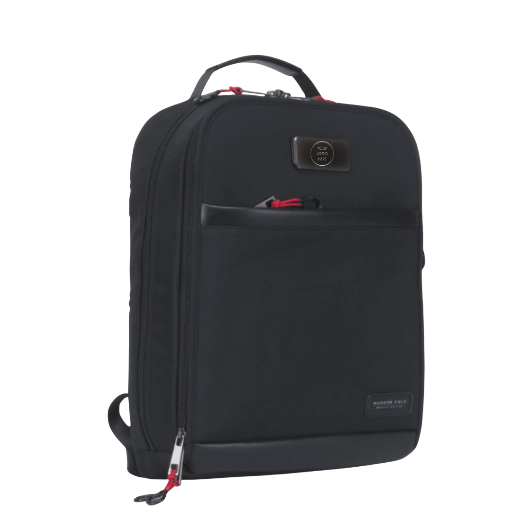 BirdieBox Hudson Cole Prospect Backpack in black nylon with leather trim, adjustable straps, and luggage sleeve.