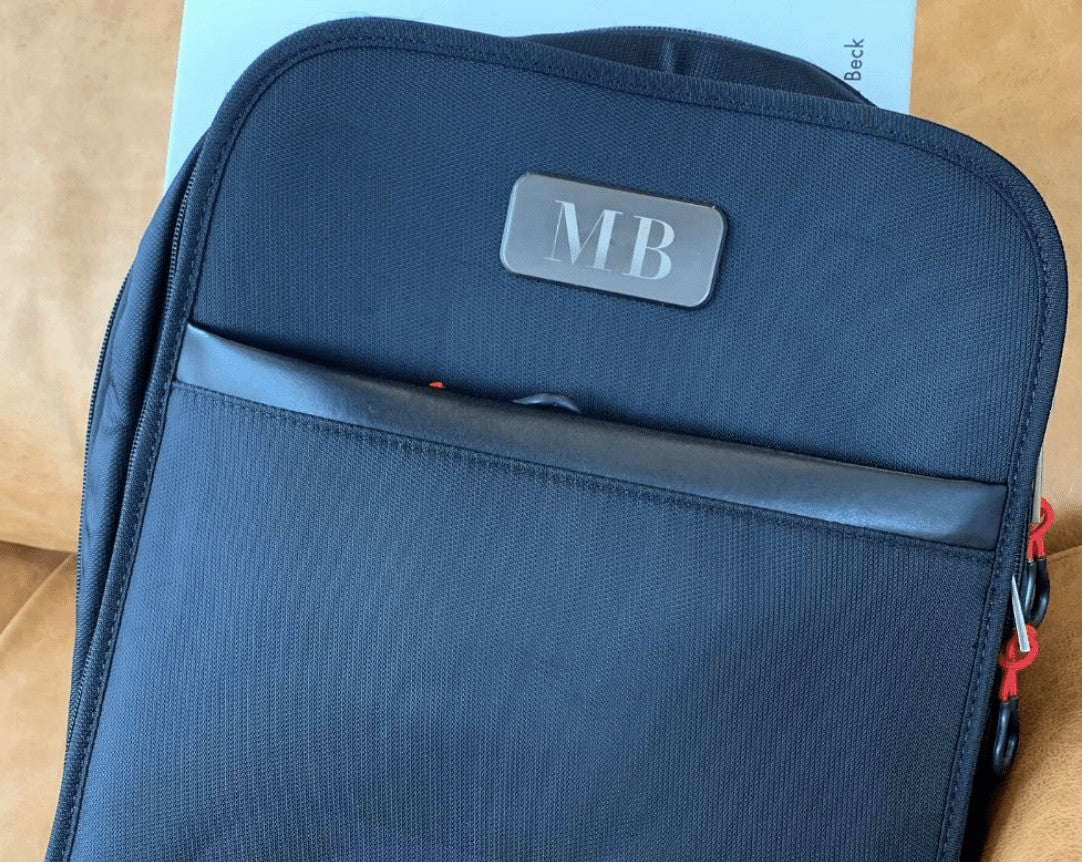 BirdieBox Hudson Cole Prospect Backpack in black, with leather trim and personalized MB monogram.