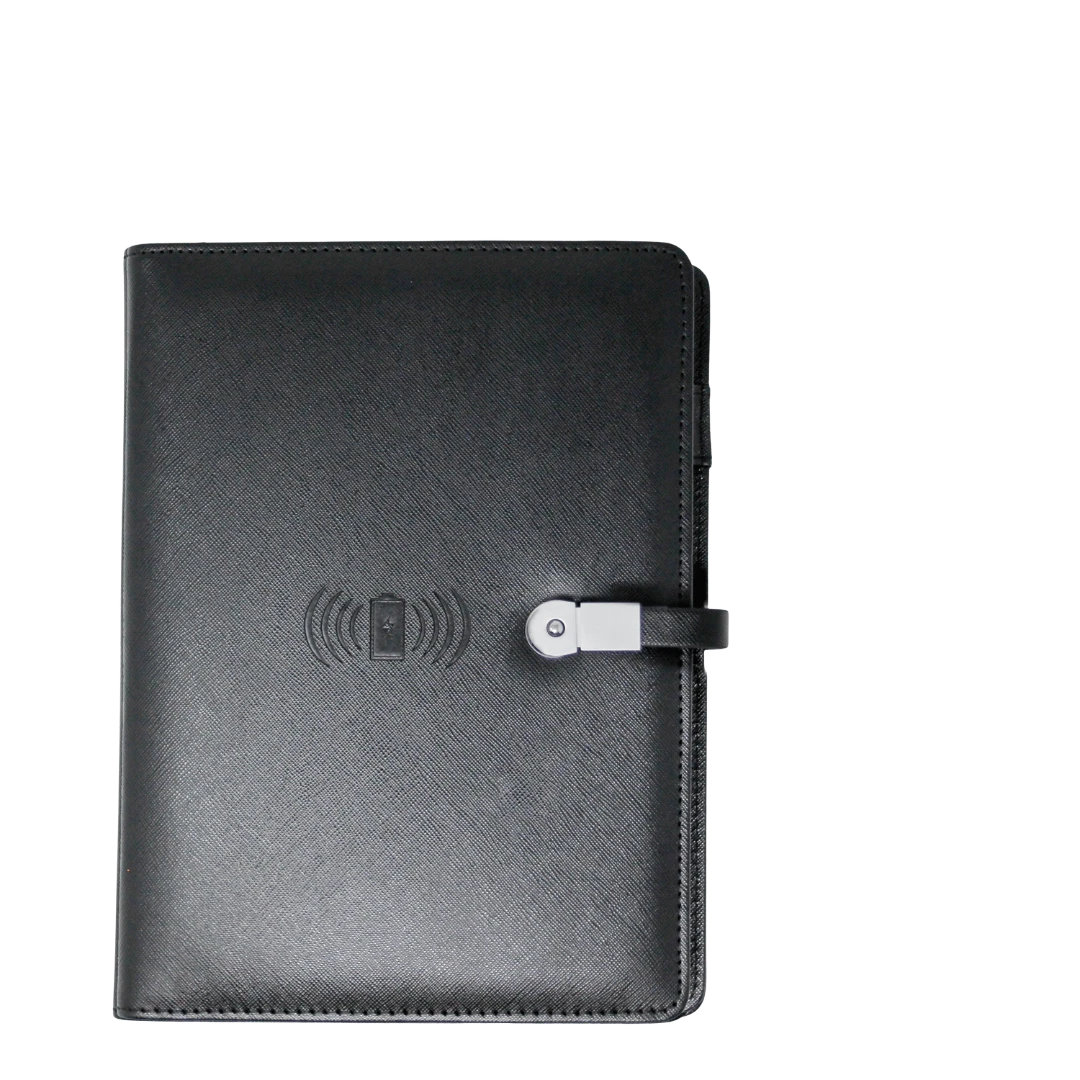 BirdieBox black textured synthetic leather Qi wireless charging journal with hidden USB and 6000 mAh power bank.