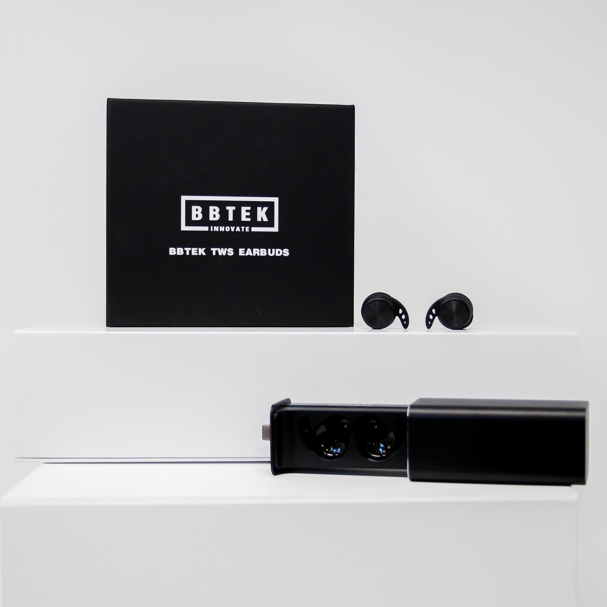 BirdieBox BBTEK TWS earbuds in black, with charging case and two earbuds displayed.