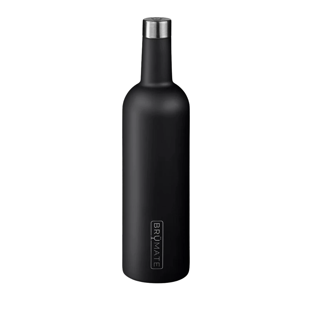 BirdieBox Brumate Winesulator 25oz black insulated stainless steel wine bottle with silver lid and logo