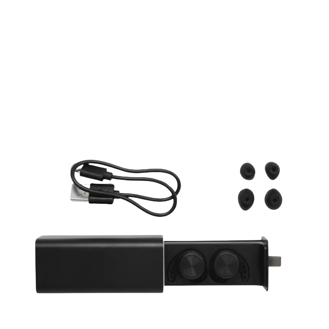 BirdieBox black truly wireless earbuds with charging case, USB cable, and extra ear tips.