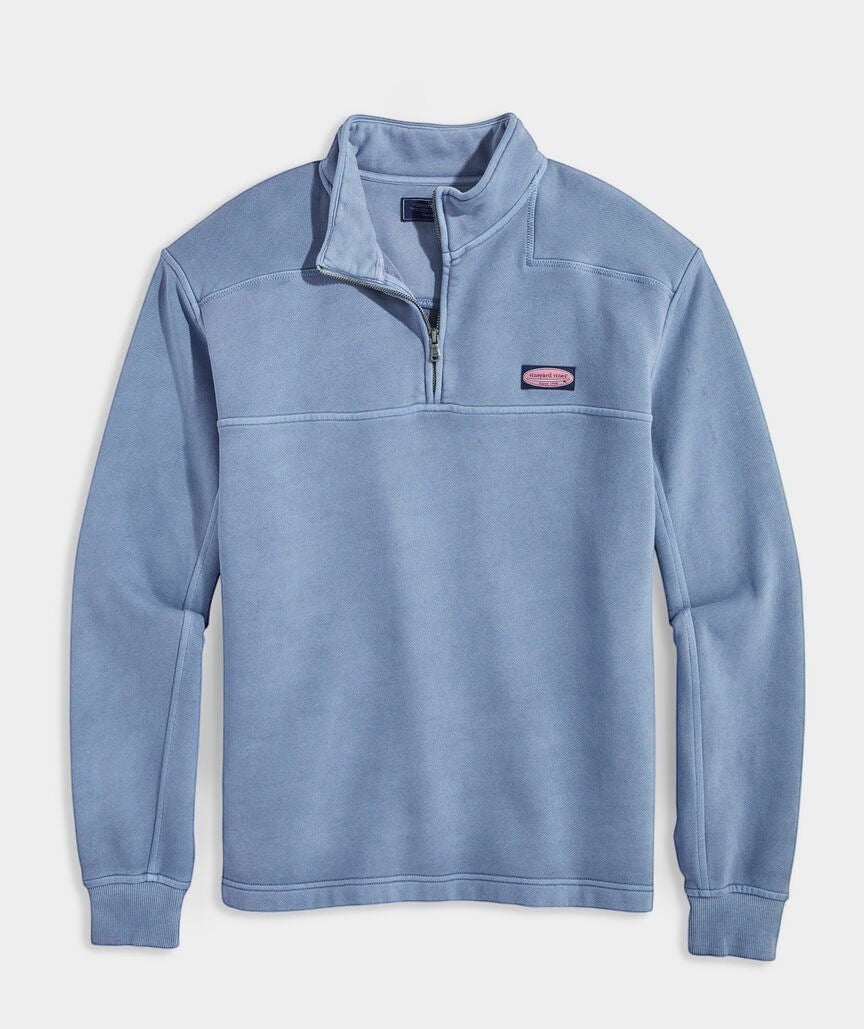 BirdieBox Men's blue 100% cotton terry quarter-zip pullover shirt with zigzag stitching and salt-washed zipper.