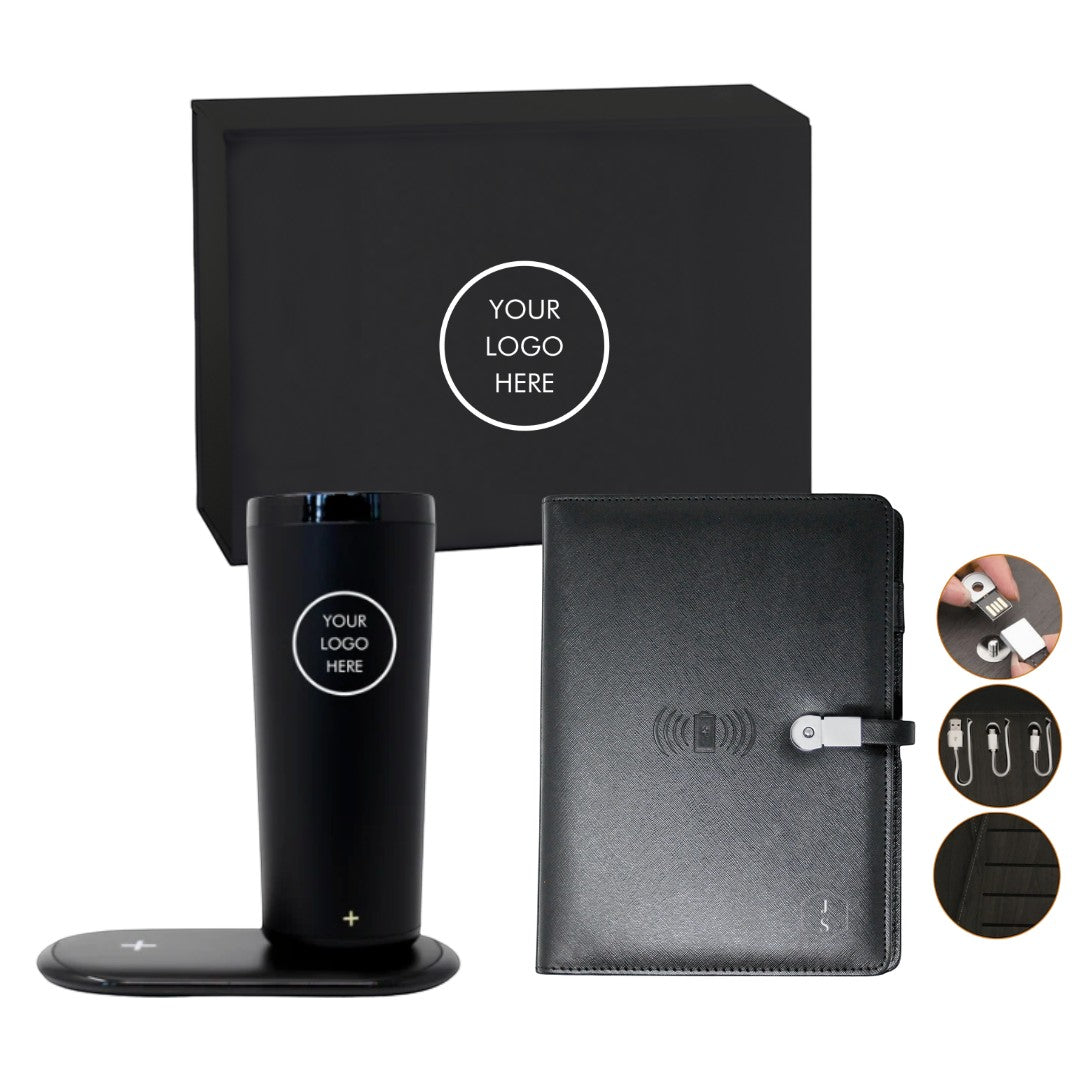 BirdieBox Charged Up Gift Set includes a black Qi wireless charging travel mug, a black journal with wireless charging and USB drive, and a black gift box.