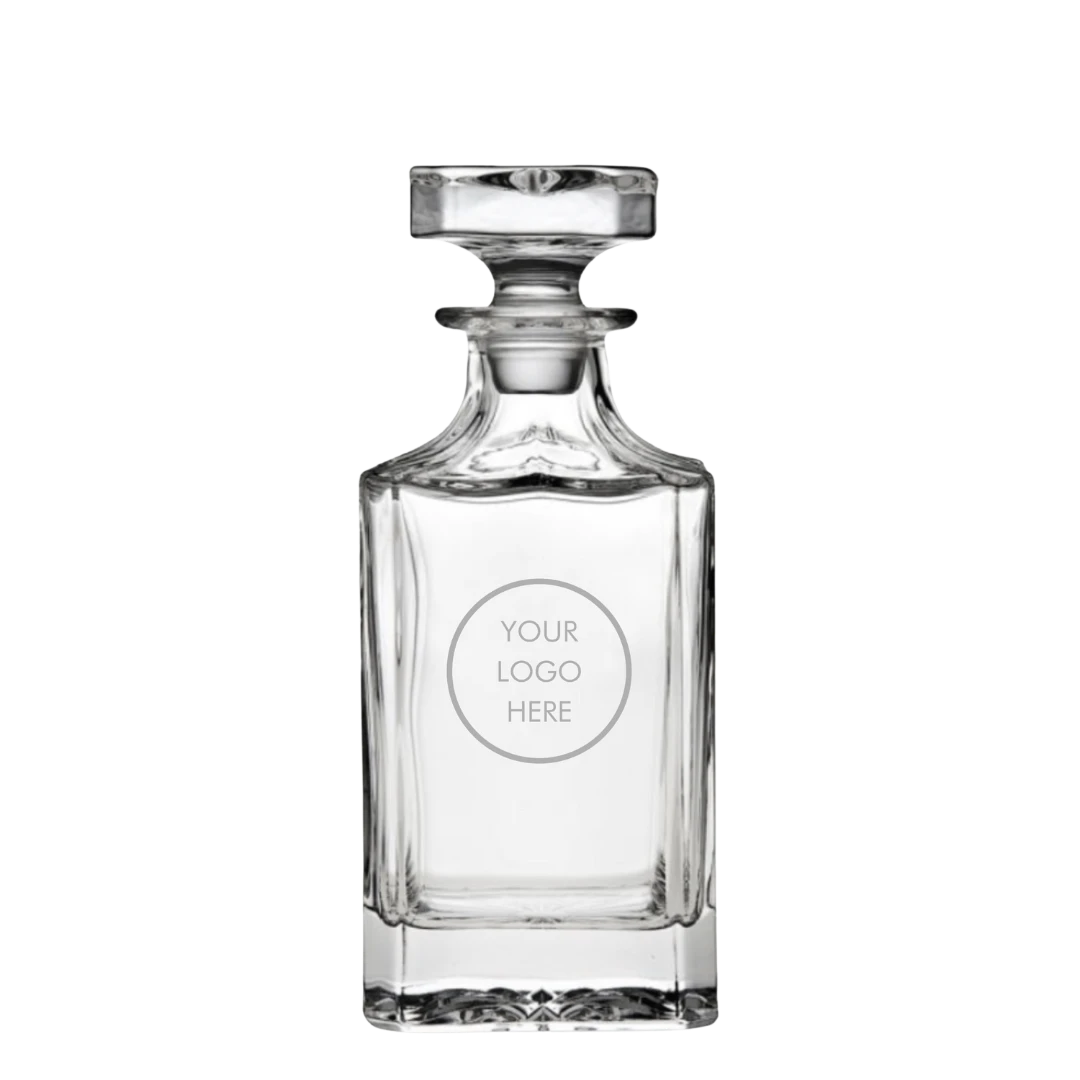 BirdieBox Old Tymes Crystal Decanter, clear glass, 750ml capacity, ideal for whiskey, bourbon, or scotch. Features a customizable logo area.
