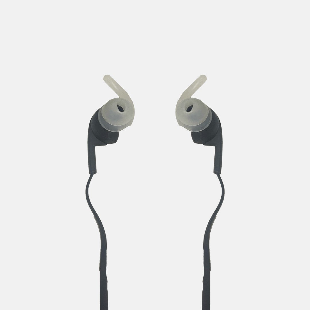 BirdieBox dark grey sport earbuds with translucent silicone ear fins for a secure fit during workouts.