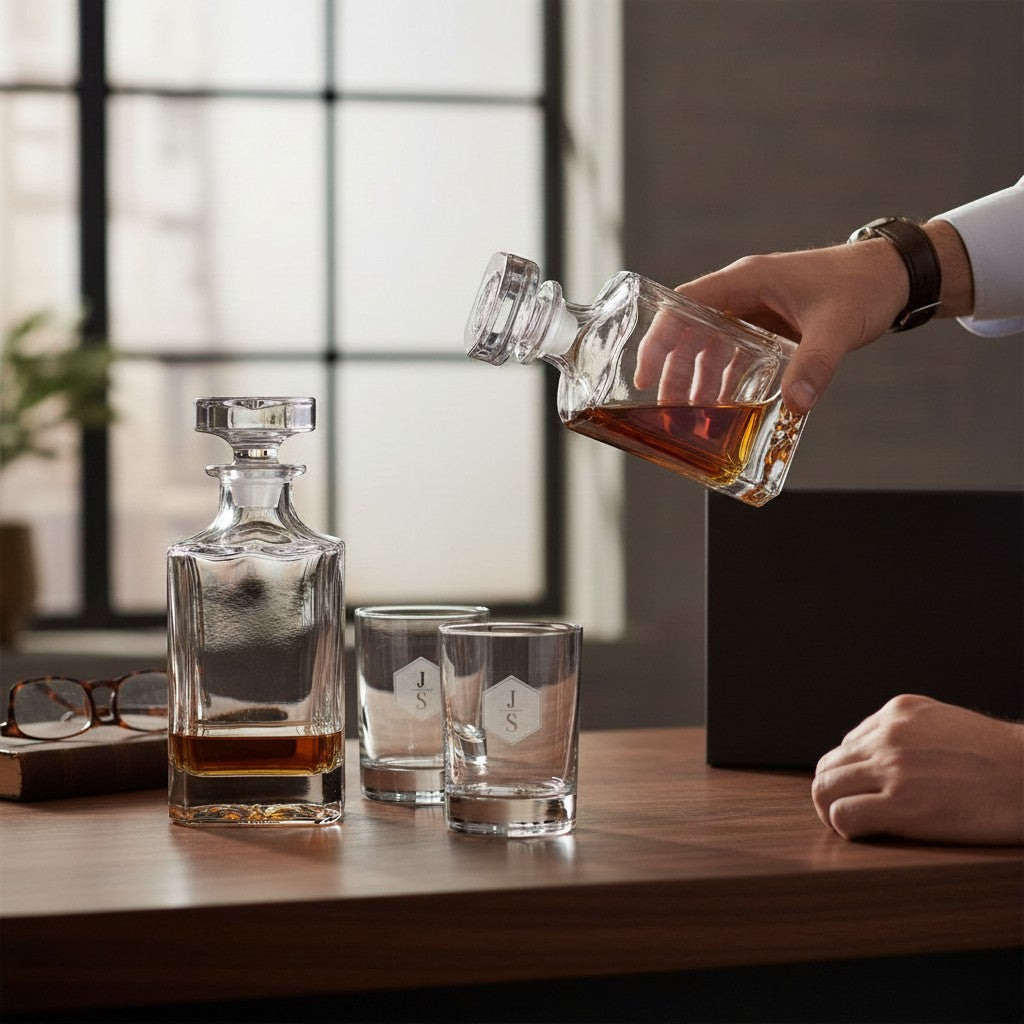 BirdieBox Decanter Delights Gift Set: Crystal decanter and two personalized rocks glasses with initials, presented in a black gift box.