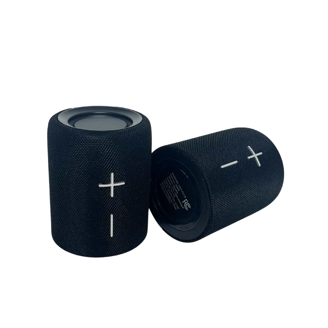 BirdieBox Duo Split Speaker, black fabric portable speakers with volume controls, can be used together or separately.