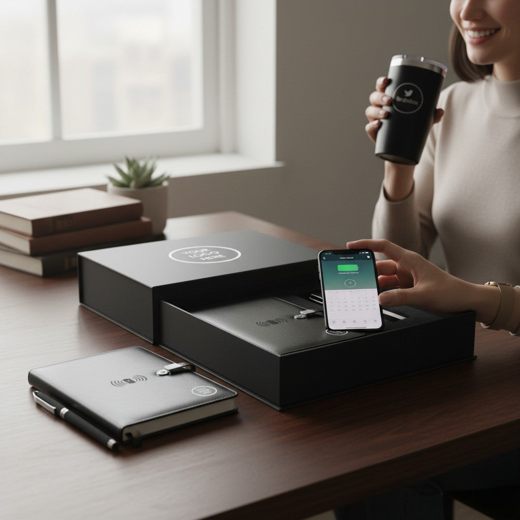 BirdieBox black faux leather executive gift set with wireless charging notebook, pen, and insulated tumbler.