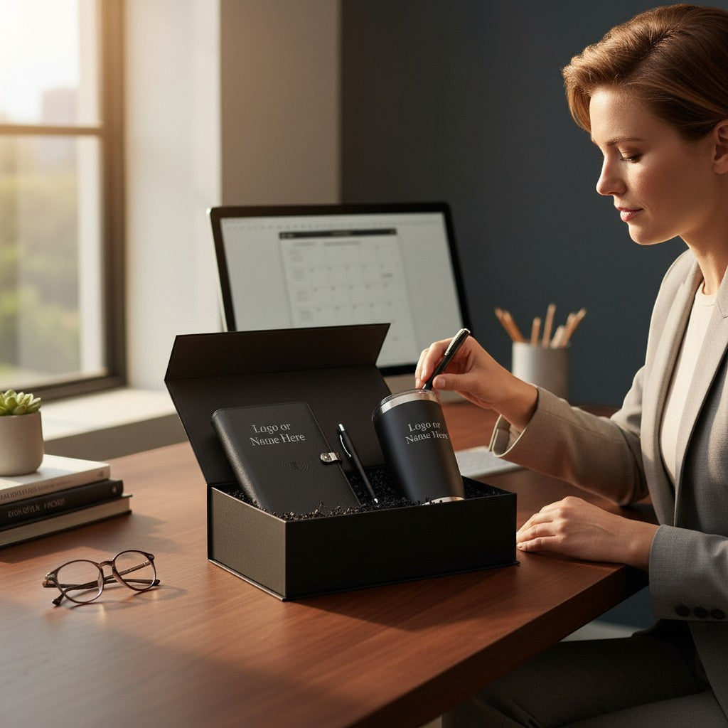 BirdieBox Executive Tech gift set in black soft-touch box: Qi powerbank journal, stylus pen, and 20oz tumbler.