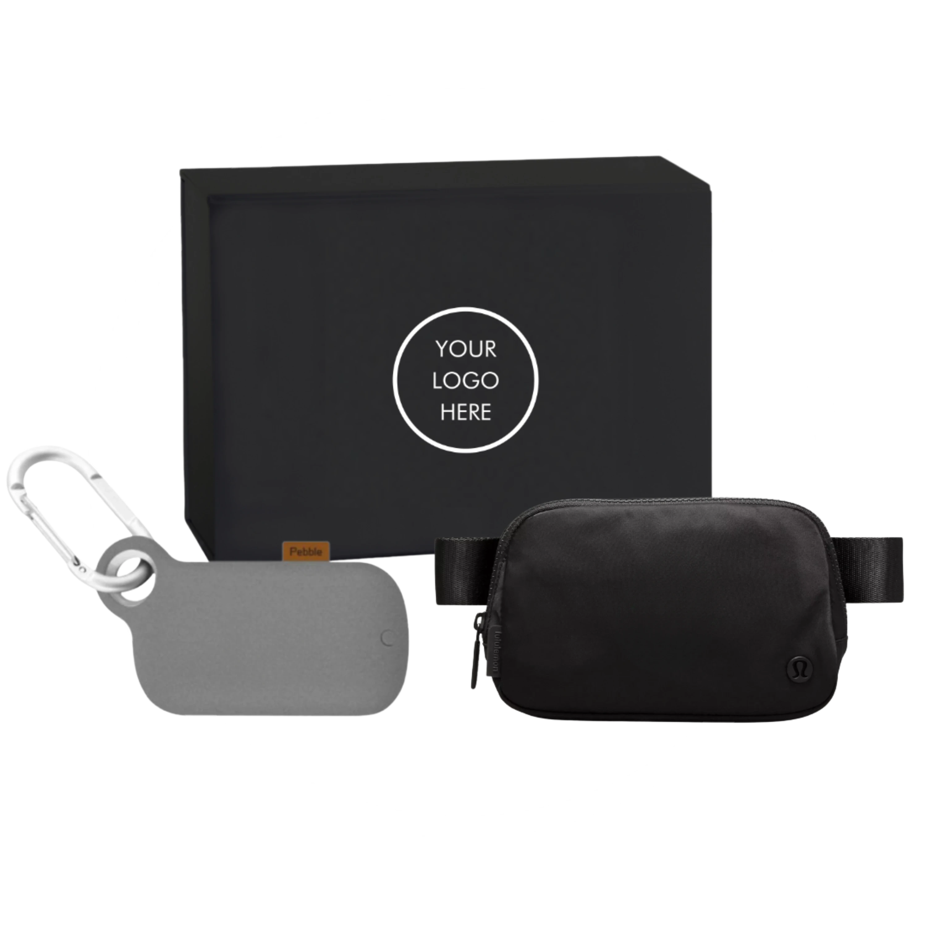 BirdieBox Out and About Gift Set: black belt bag, grey power bank, and black gift box with logo space.