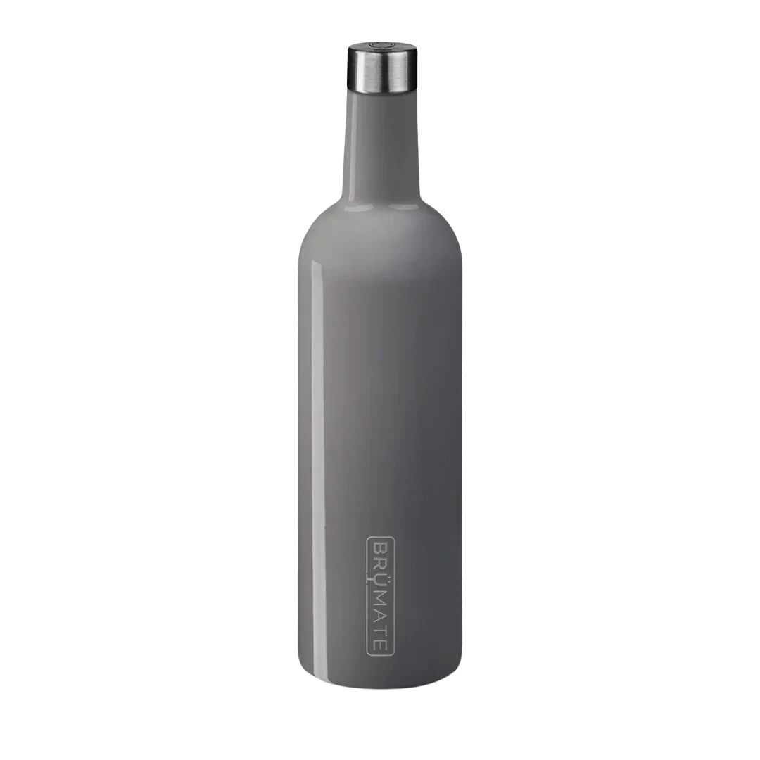 BirdieBox Brumate Winesulator 25oz grey insulated stainless steel wine bottle with silver lid and non-slip base.