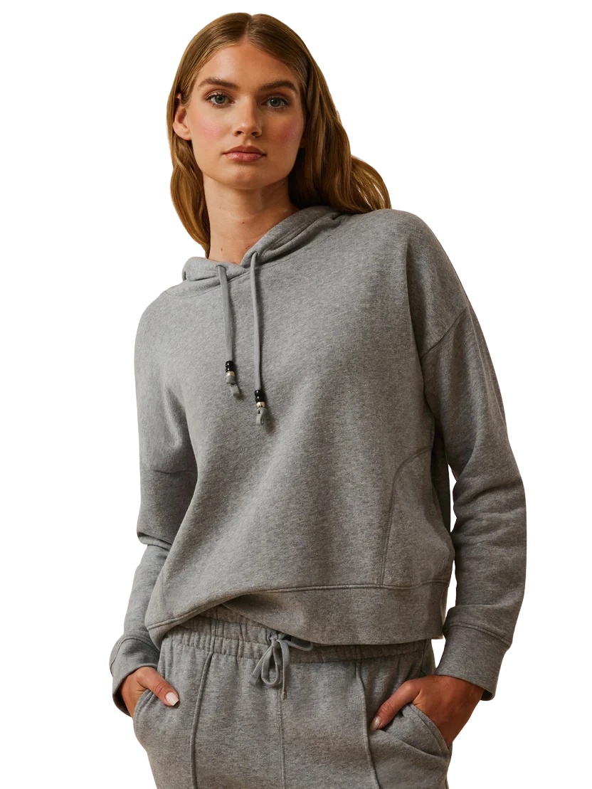 BirdieBox Greyson Women's Archer grey heathered brushed fleece hoodie with drawstring hood and embroidered G detail.