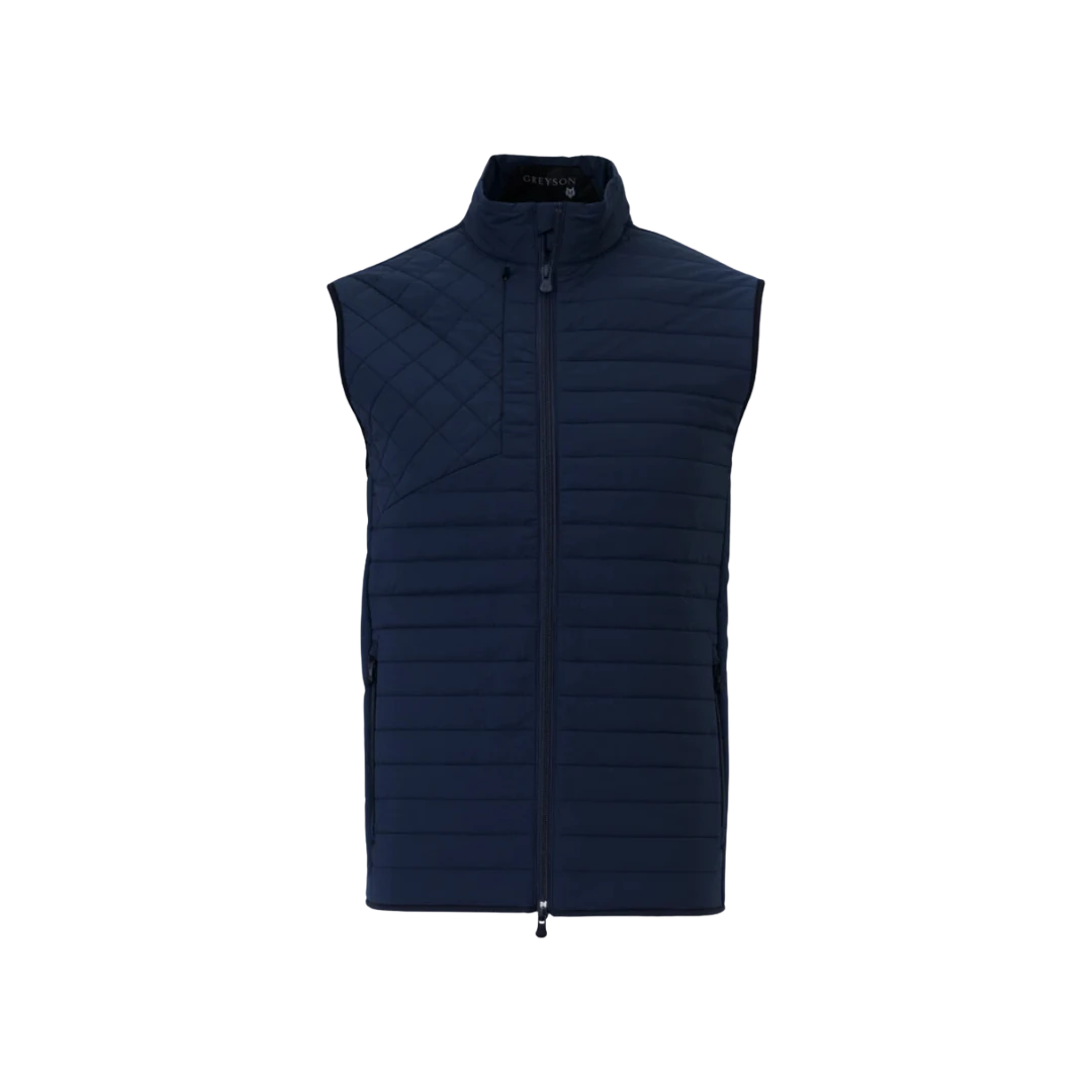 BirdieBox Greyson Yukon Ultralight Hybrid Vest in navy blue. Features quilted design, matte shell, and zippered pockets.