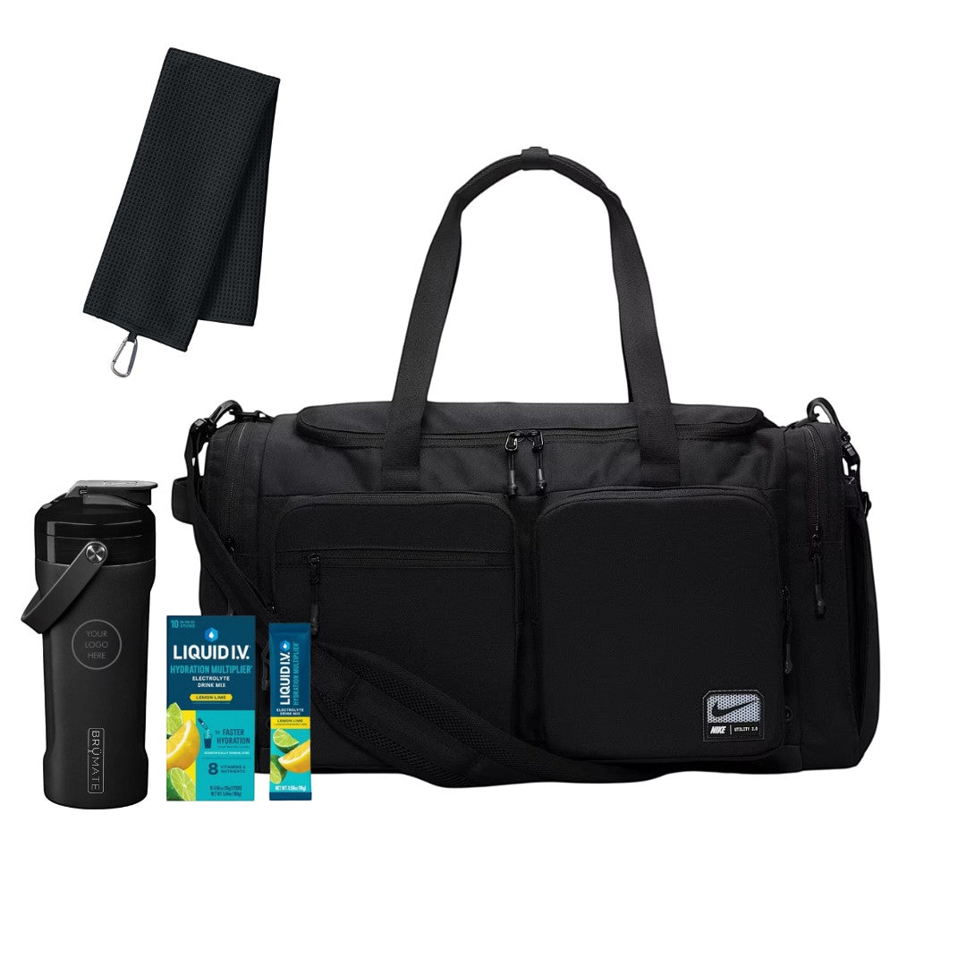 BirdieBox Gym Ready Gift Set: Black Nike duffle bag, BrüMate shaker, workout towel, and Liquid I.V. hydration mix.