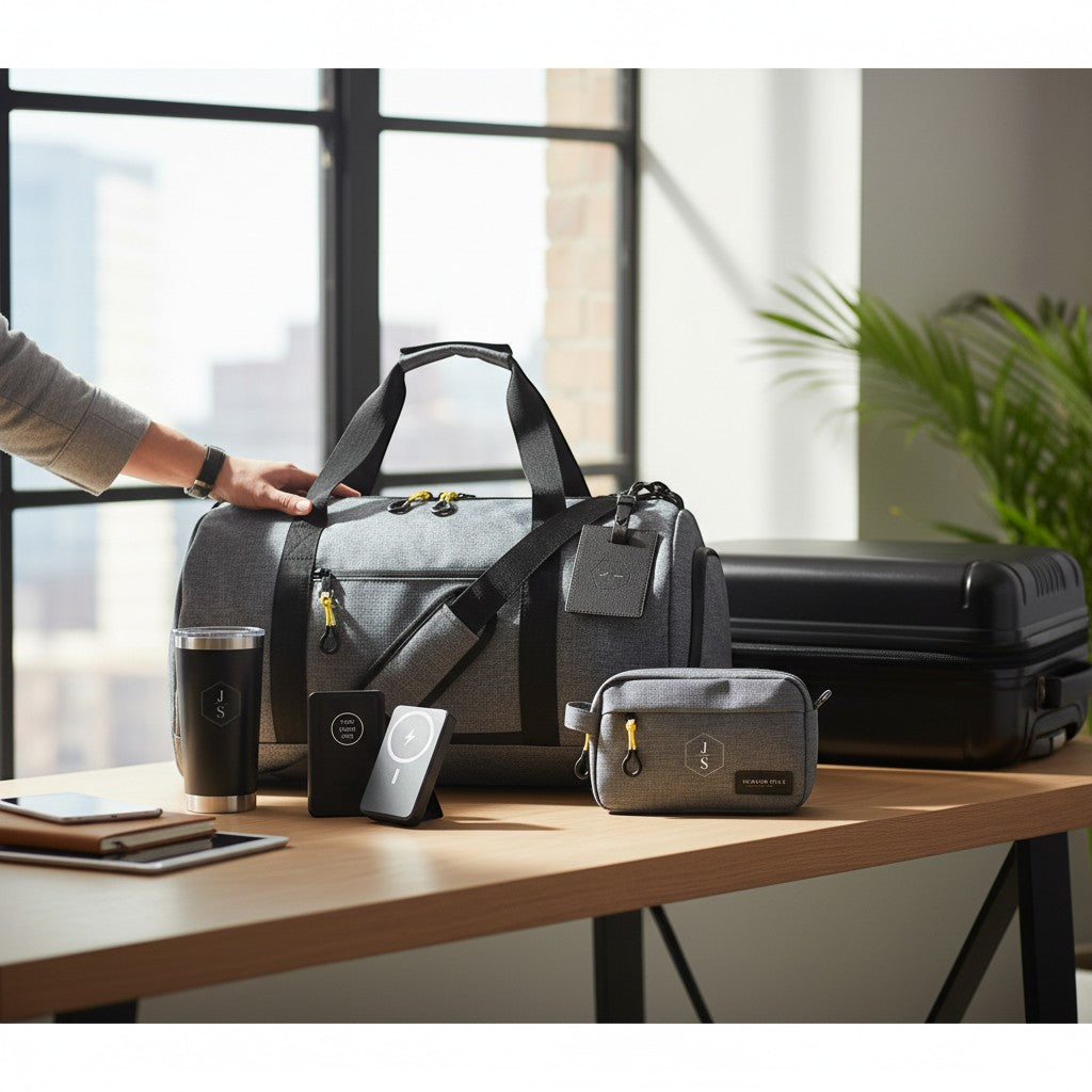 BirdieBox Hit the Road Gift Set: dark grey canvas duffle, dopp kit, black tumbler, power bank, and luggage tag.