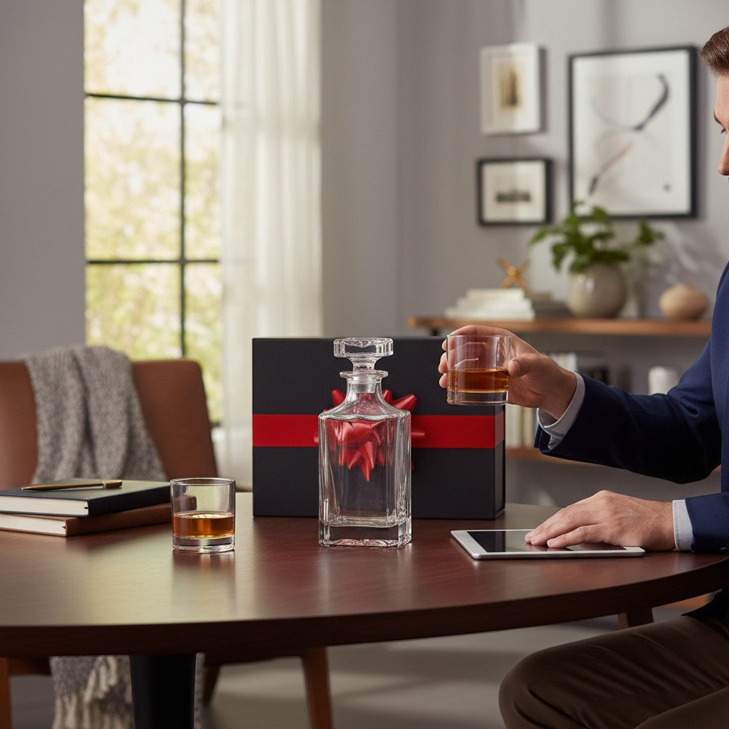 BirdieBox Holiday Cheers Gift Set: crystal decanter and two rocks glasses with amber liquid, presented in a black gift box with a red ribbon.