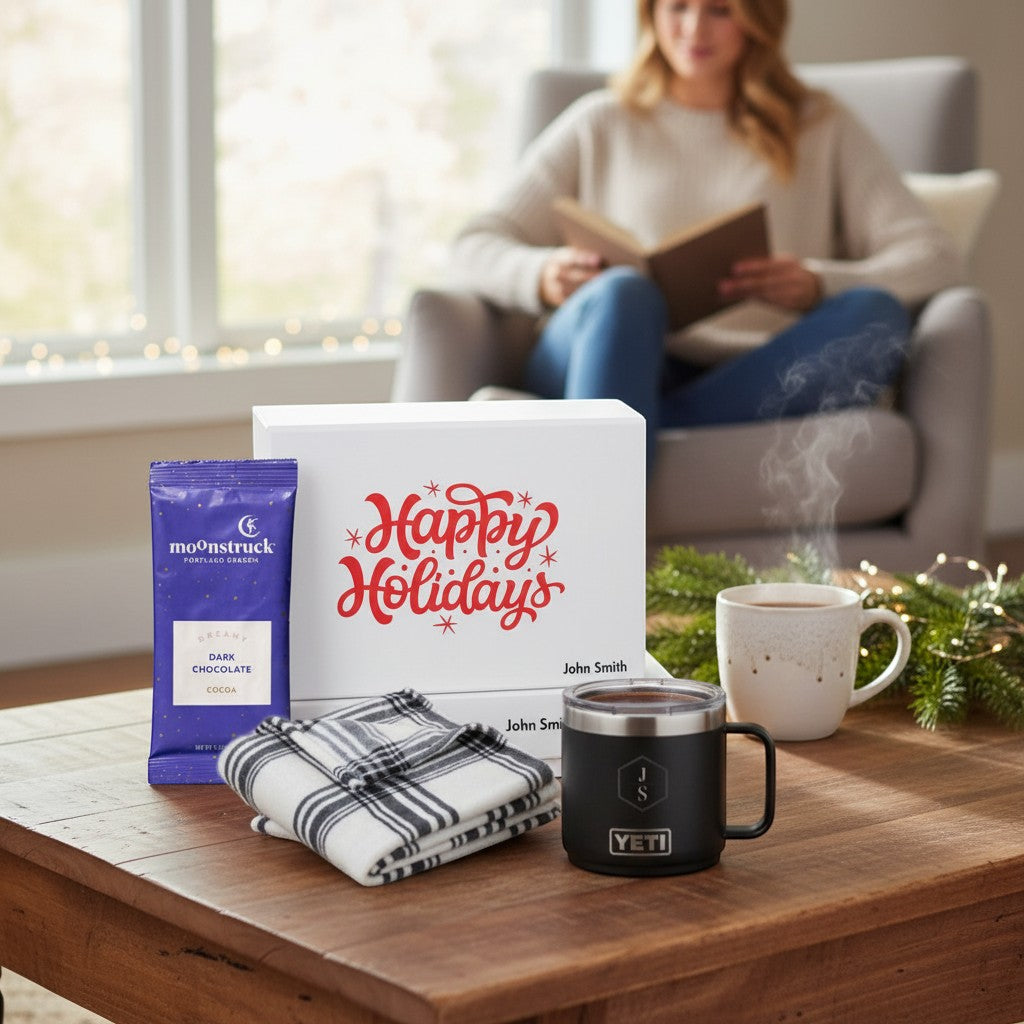 BirdieBox Home for the Holidays gift set featuring a black YETI mug, plaid blanket, hot cocoa, and a custom box with a woman reading in the background.