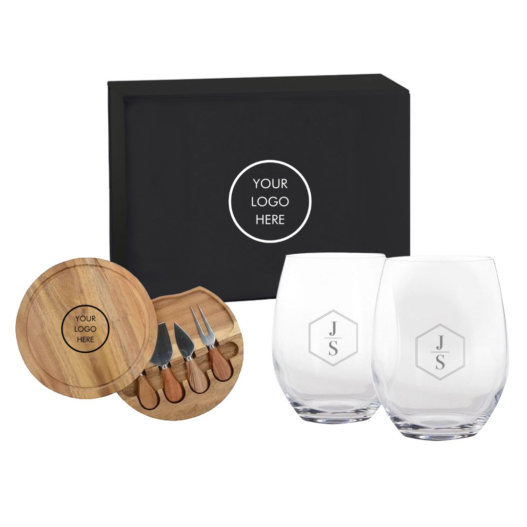 BirdieBox Host with the Most Gift Set: includes a wooden cheeseboard with knives, two personalized stemless wine glasses, and a black gift box.
