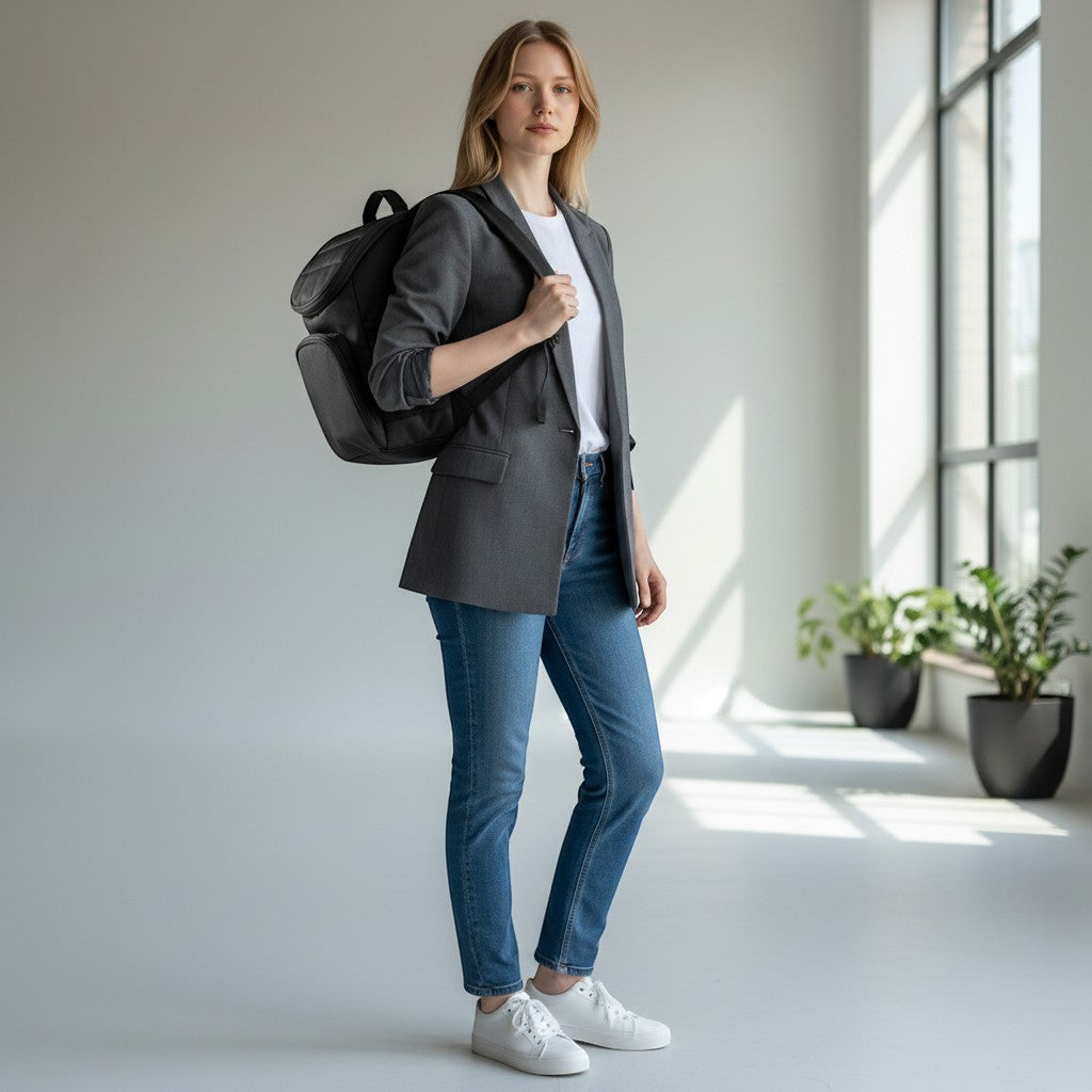 BirdieBox Hudson Cole black cooler bag backpack worn by a woman in a grey blazer and jeans.