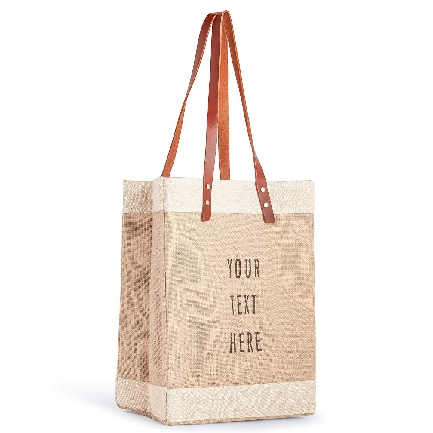 BirdieBox natural jute market bag with adjustable leather handles and customizable text.