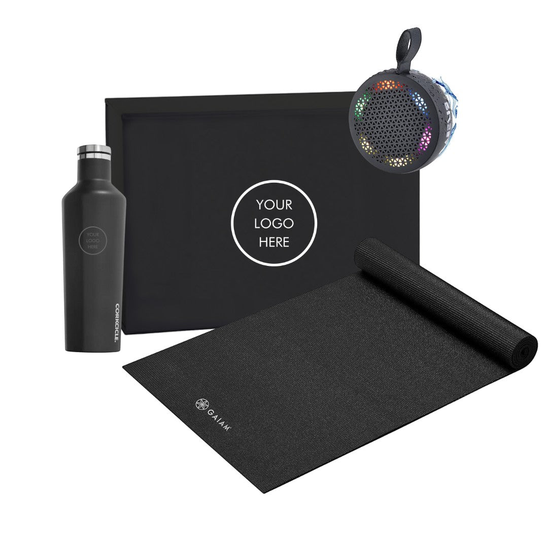 BirdieBox Mindful Movement Gift Set: black Corkcicle canteen, Gaiam yoga mat, and portable speaker in a black box.