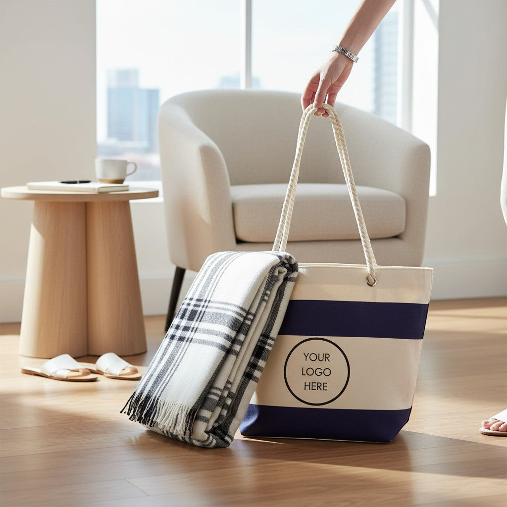 BirdieBox navy and cream striped canvas tote bag with a folded black and white plaid blanket. Includes rope handles and a custom logo area.