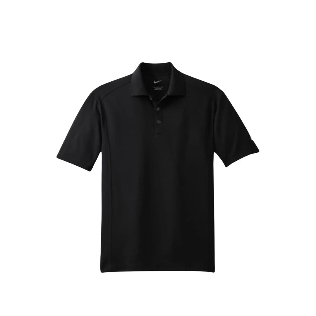BirdieBox Nike Dri-FIT black polyester short-sleeve polo shirt with three-button placket and embroidered Swoosh logo.