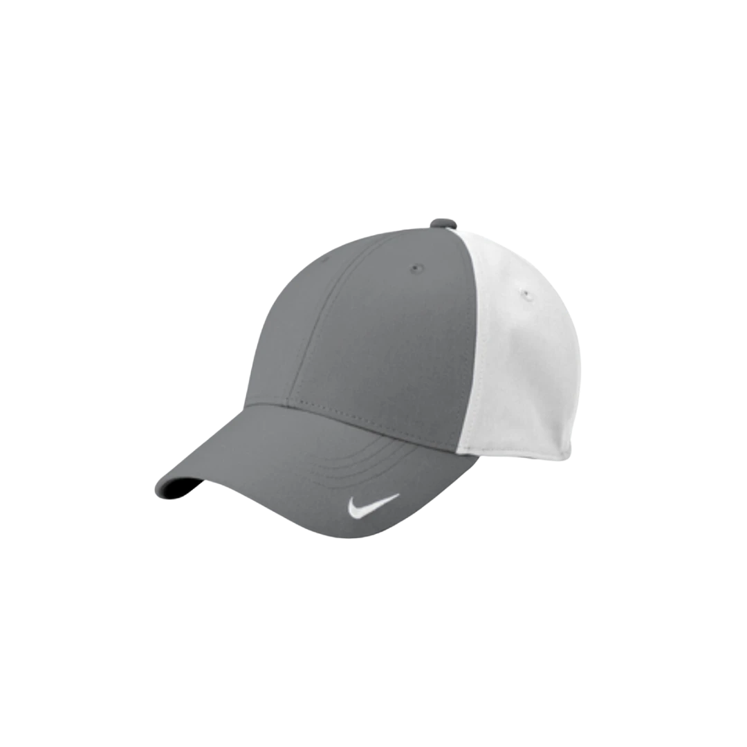 BirdieBox Nike Dri-FIT Legacy Cap in grey and white polyester-spandex with embroidered Swoosh logo.