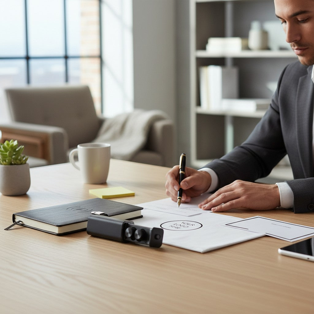 BirdieBox Office Necessities Gift Set: Black journal with powerbank, wireless earbuds, and man in suit writing at desk.