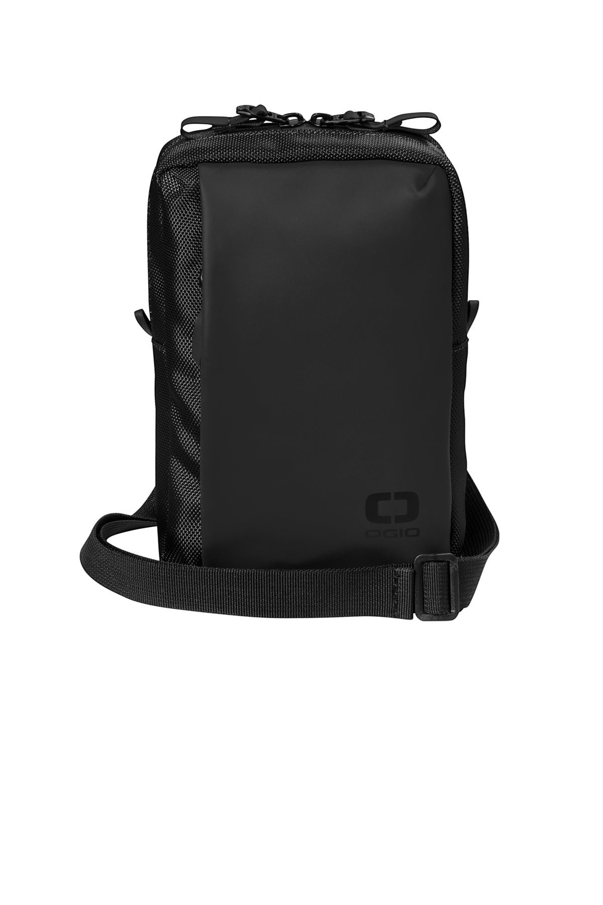 BirdieBox Ogio black resistant crossbody bag made of rubberized poly and PU with adjustable strap.