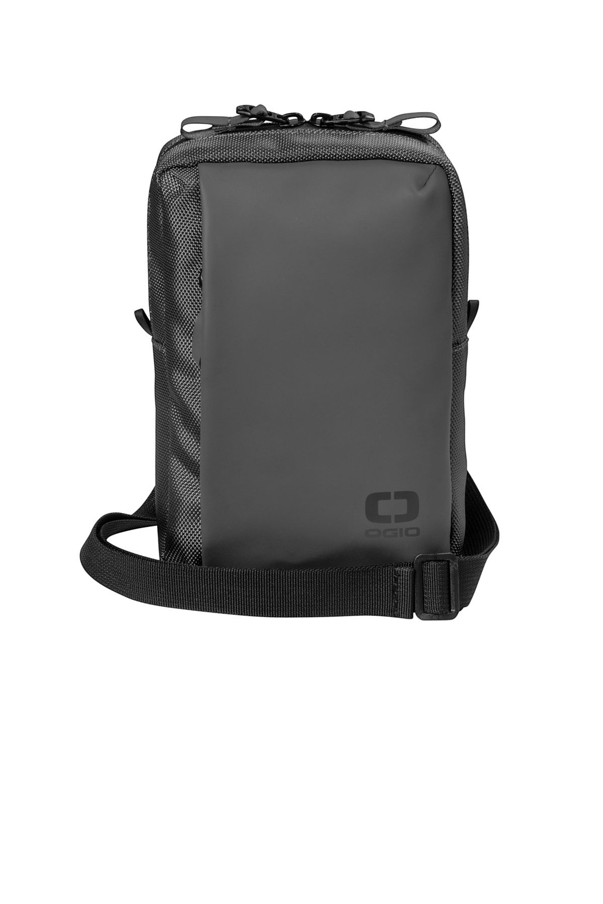 BirdieBox Ogio black resistant crossbody bag made of rubberized poly and PU with adjustable strap and interior pocket.