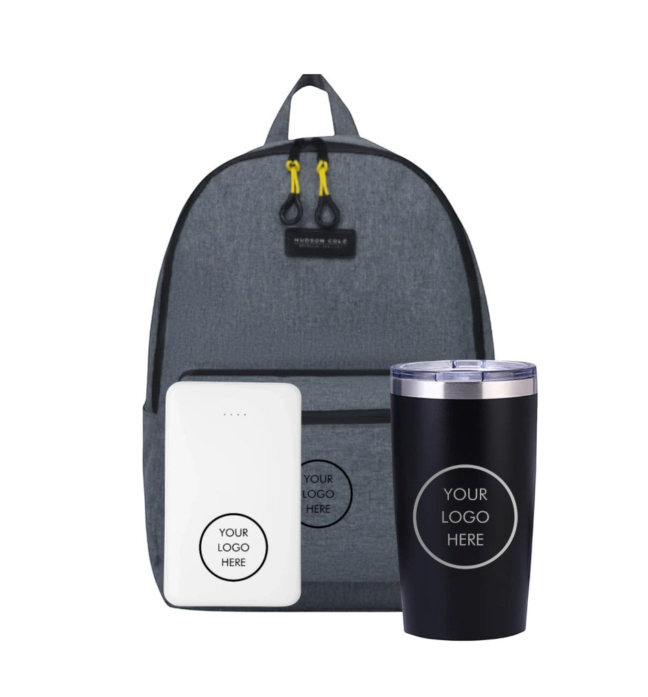 BirdieBox "Charged + Moving" gift set includes a grey heathered backpack, white power bank, and black insulated tumbler.